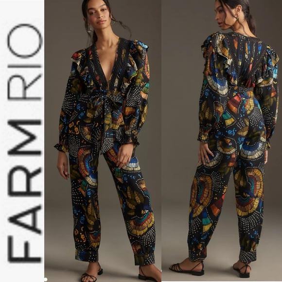 NWT Farm Rio Black Printed V-Neck Ruffle Jumpsuit xs